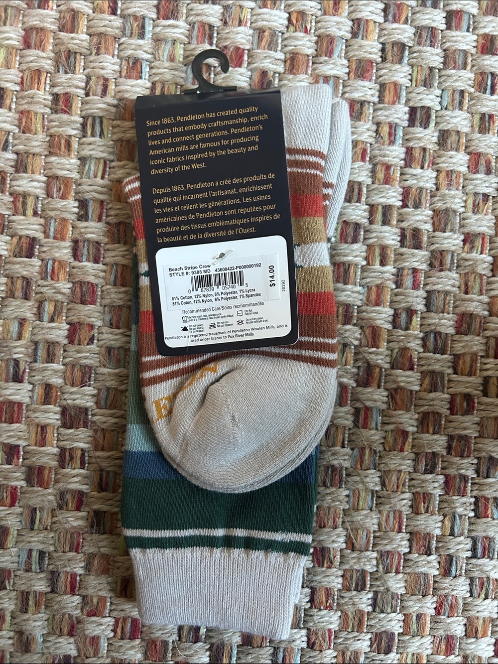 Pendleton Striped Crew Socks in Green, Blue, and Cream - Picture 3 of 4
